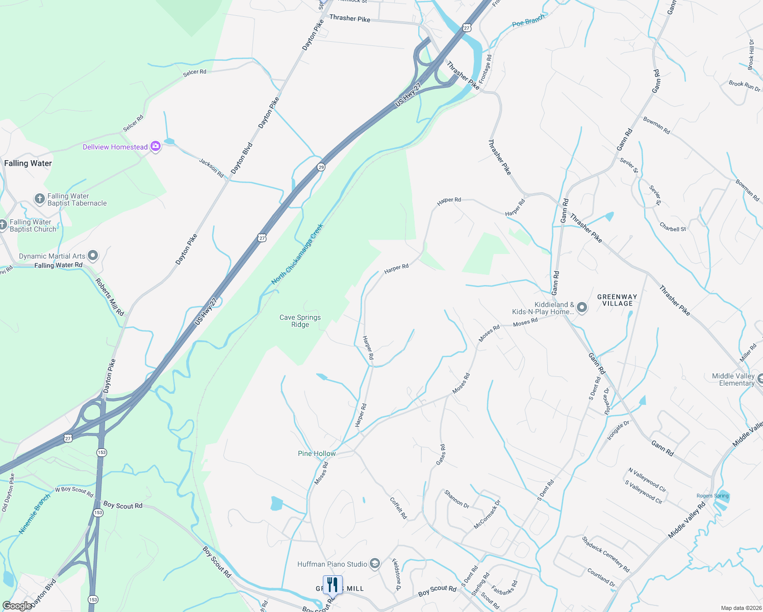 map of restaurants, bars, coffee shops, grocery stores, and more near 7740 Harper Road in Middle Valley
