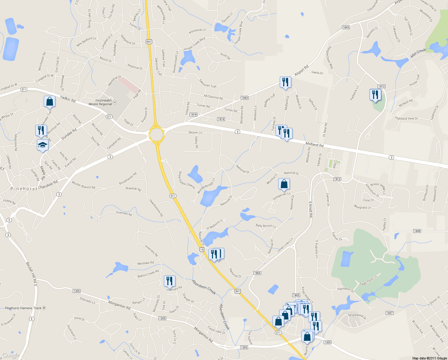 map of restaurants, bars, coffee shops, grocery stores, and more near 2 Scotscraig Court in Pinehurst