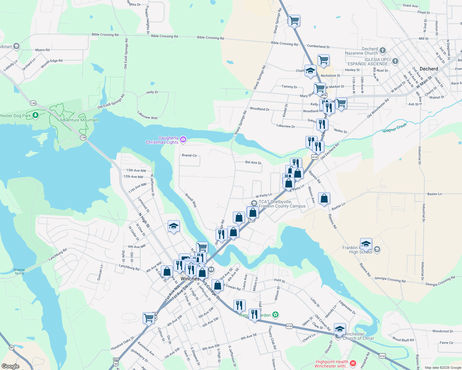 map of restaurants, bars, coffee shops, grocery stores, and more near 601 Sharp Springs Road in Winchester
