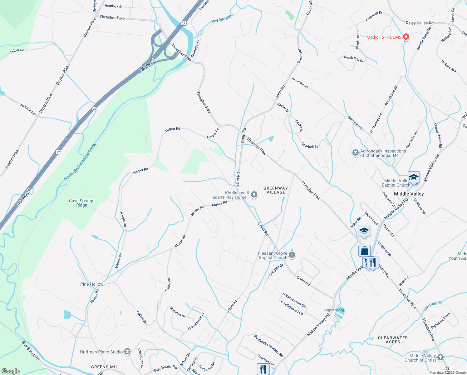 map of restaurants, bars, coffee shops, grocery stores, and more near 7904 Woodstone Drive in Middle Valley