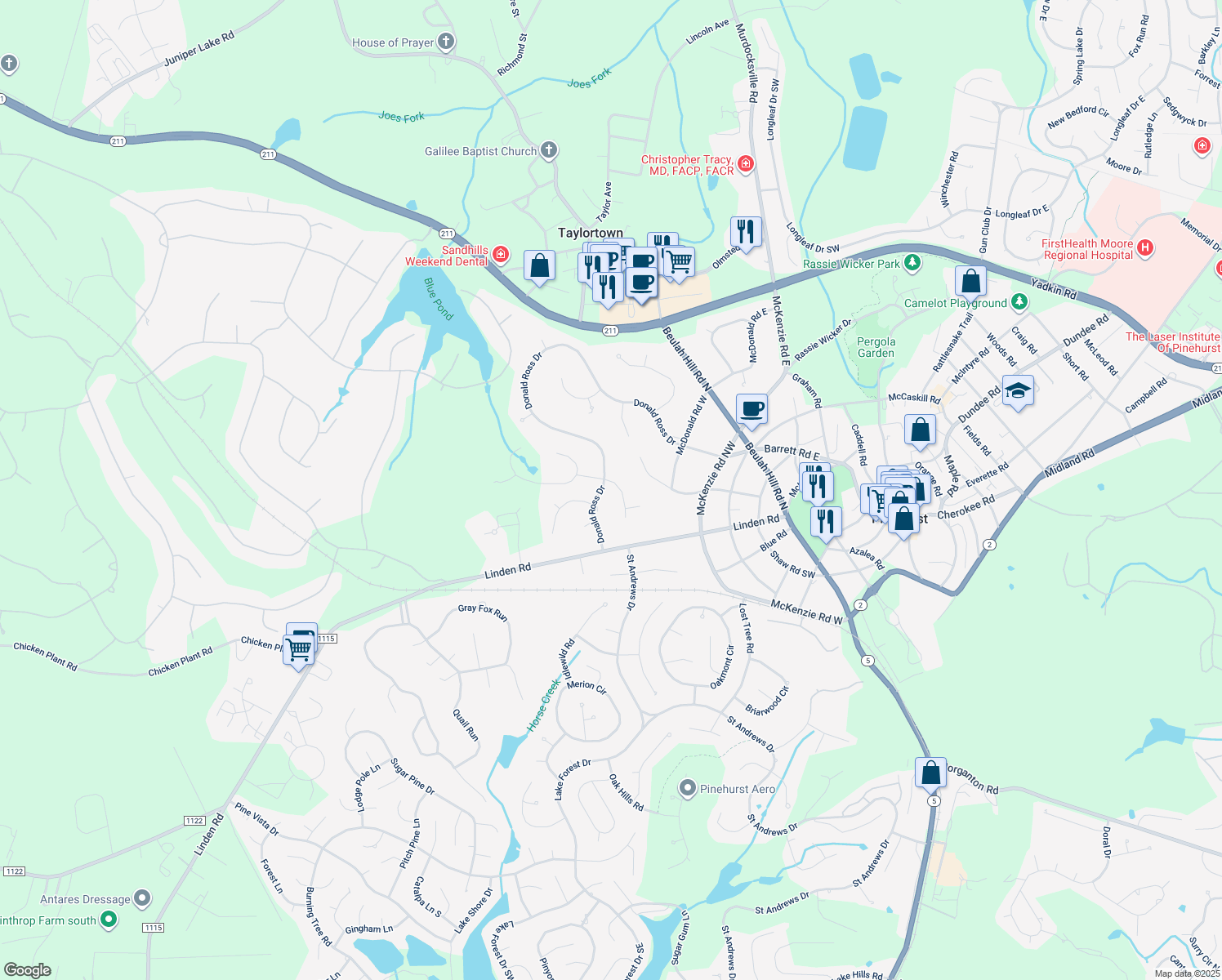 map of restaurants, bars, coffee shops, grocery stores, and more near 180 Donald Ross Drive in Pinehurst