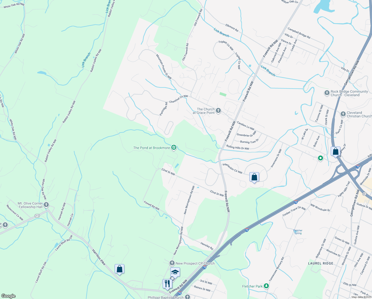 map of restaurants, bars, coffee shops, grocery stores, and more near 2389 Freewill Road Northwest in Cleveland