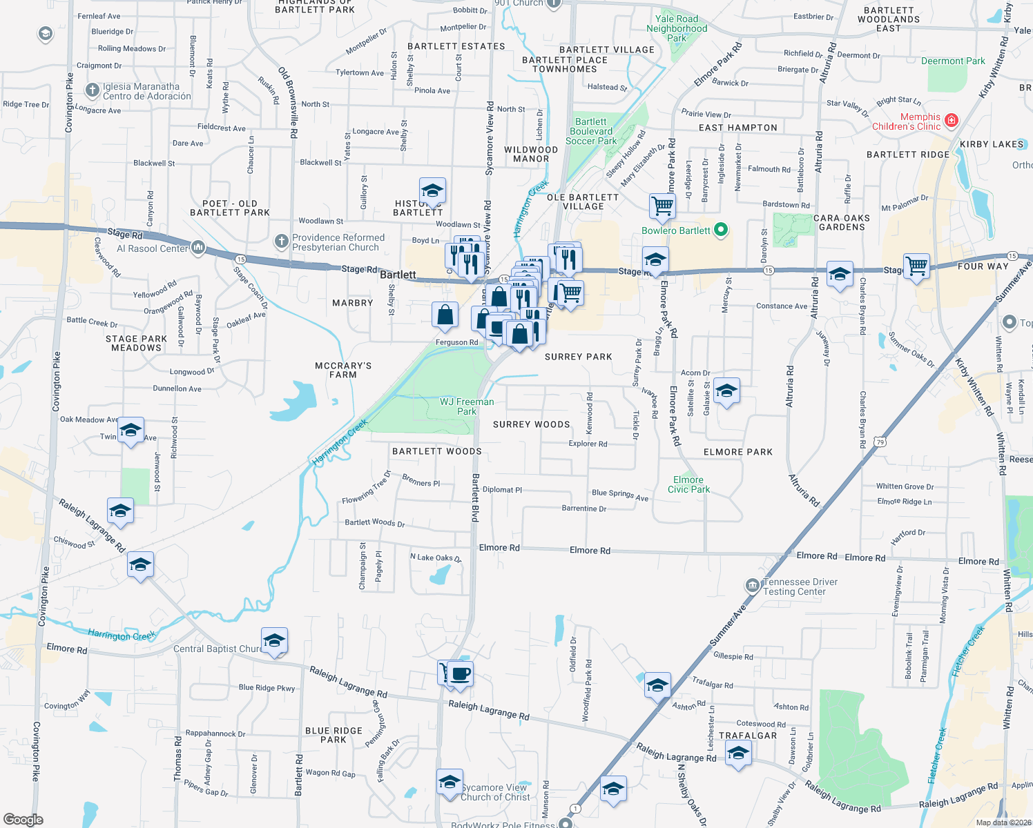 map of restaurants, bars, coffee shops, grocery stores, and more near 5905 Hickory Grove Lane in Bartlett