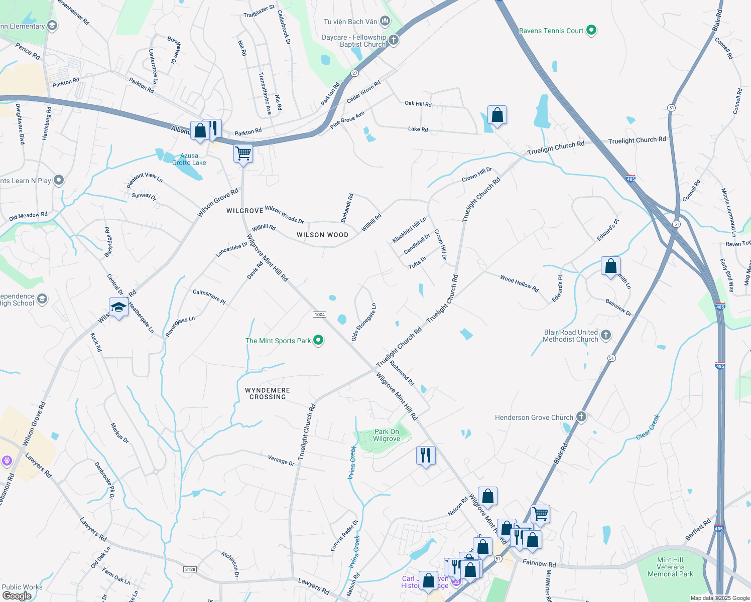 map of restaurants, bars, coffee shops, grocery stores, and more near 8510 Olde Stonegate Lane in Mint Hill