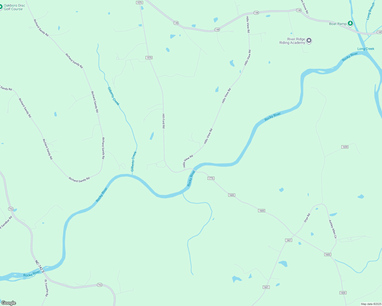map of restaurants, bars, coffee shops, grocery stores, and more near 7277 Hills-View Road in Oakboro