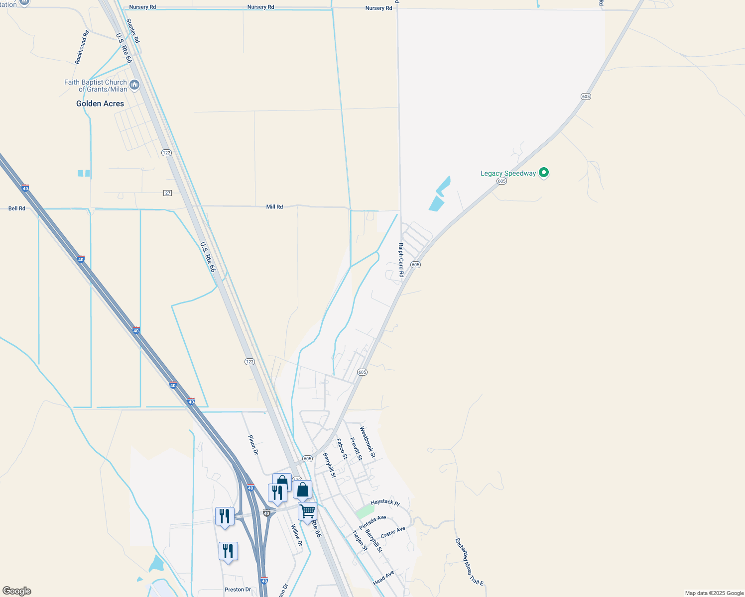 map of restaurants, bars, coffee shops, grocery stores, and more near Mike Michaels Road in Grants