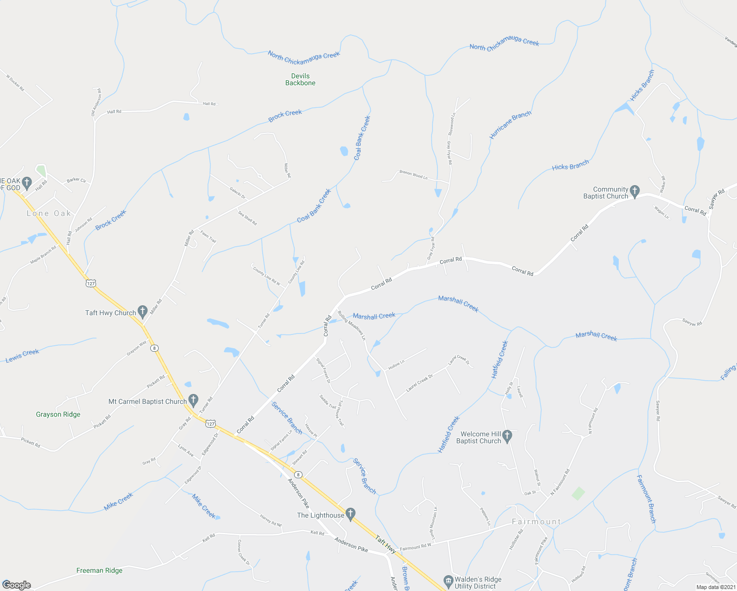 map of restaurants, bars, coffee shops, grocery stores, and more near 2616 Corral Road in Signal Mountain