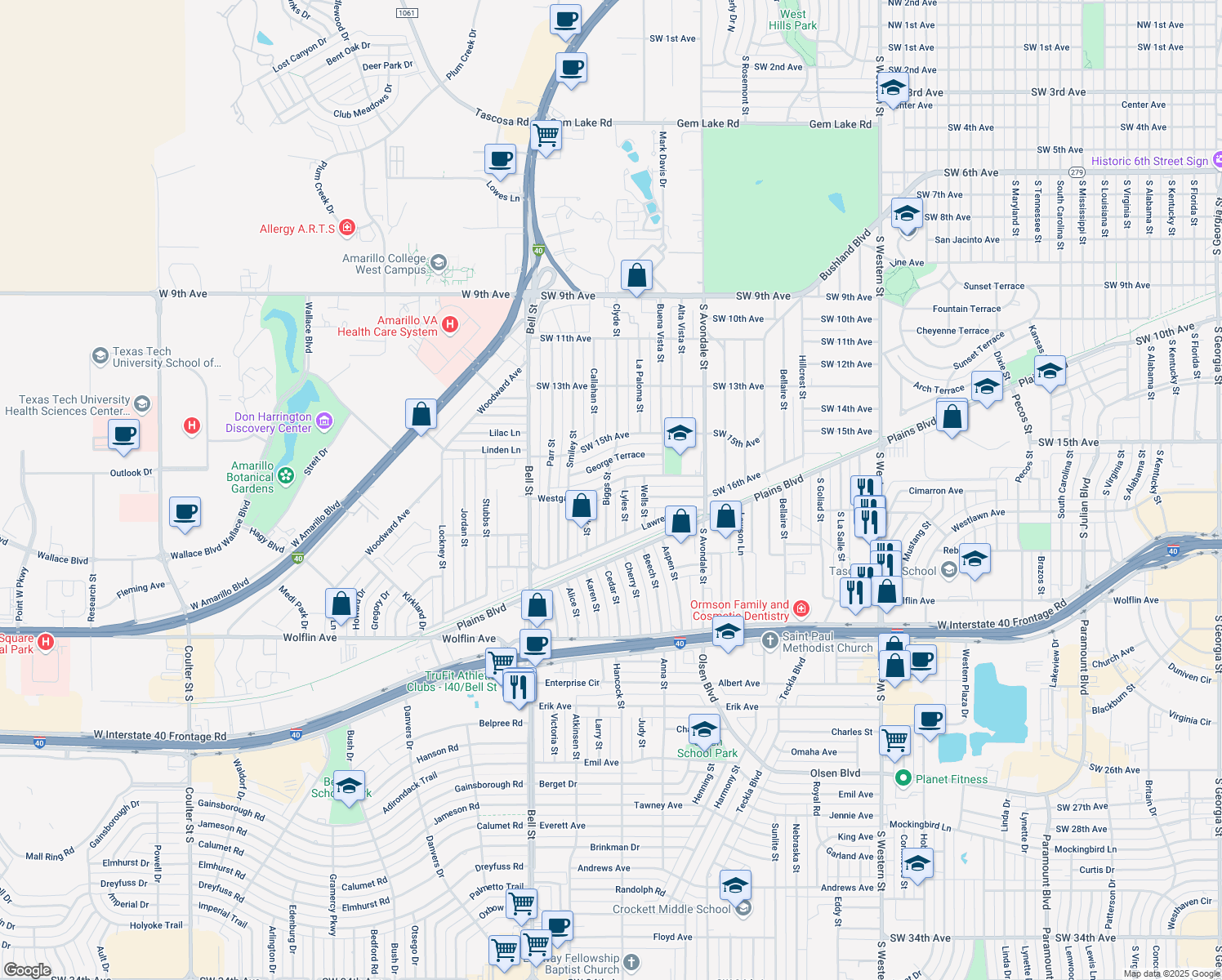 map of restaurants, bars, coffee shops, grocery stores, and more near 5305 Westgate Dr in Amarillo