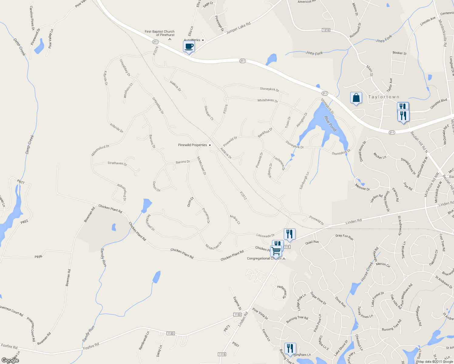map of restaurants, bars, coffee shops, grocery stores, and more near 51 Devon Drive in Pinehurst