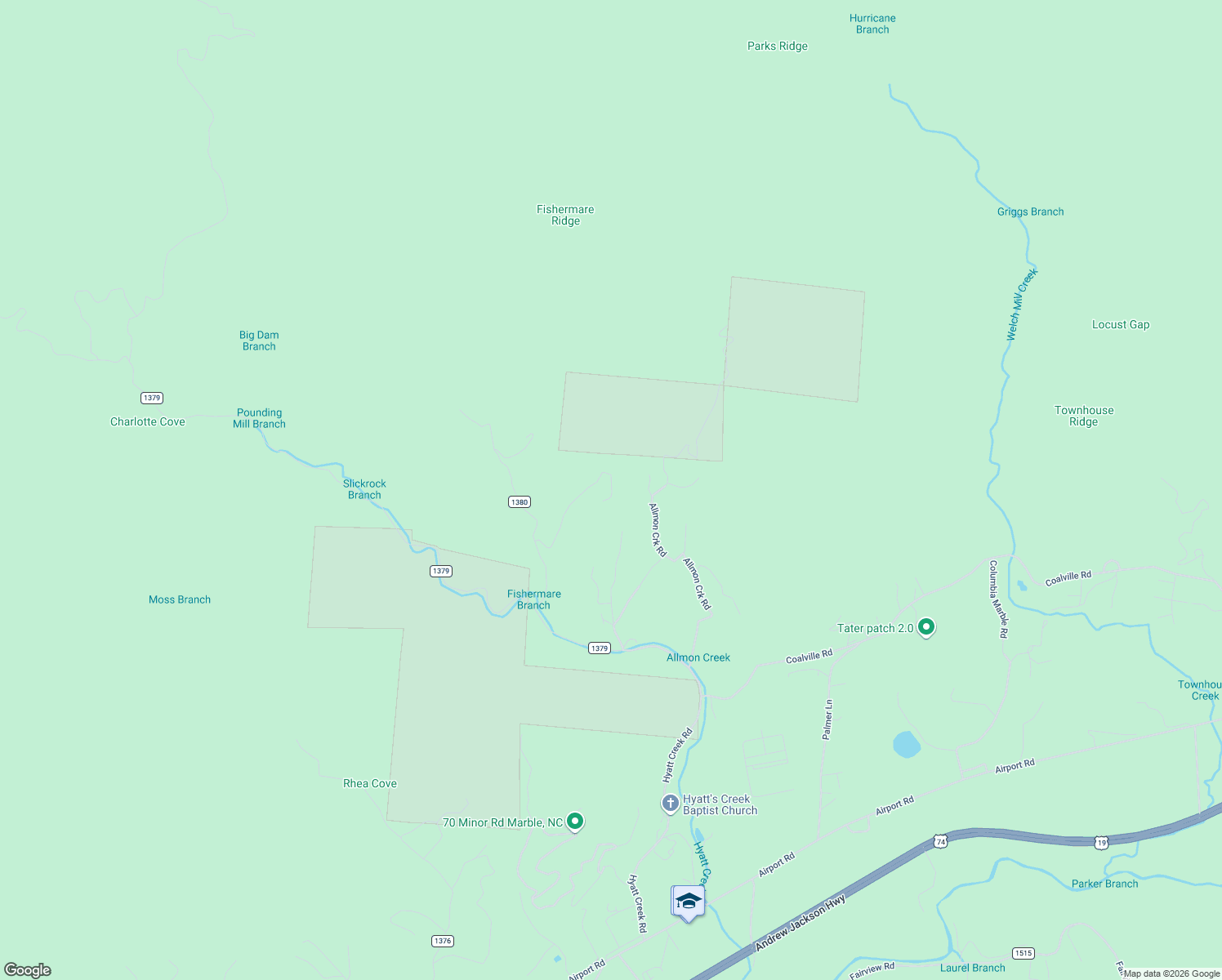map of restaurants, bars, coffee shops, grocery stores, and more near 214 Pendergrass Road in Marble