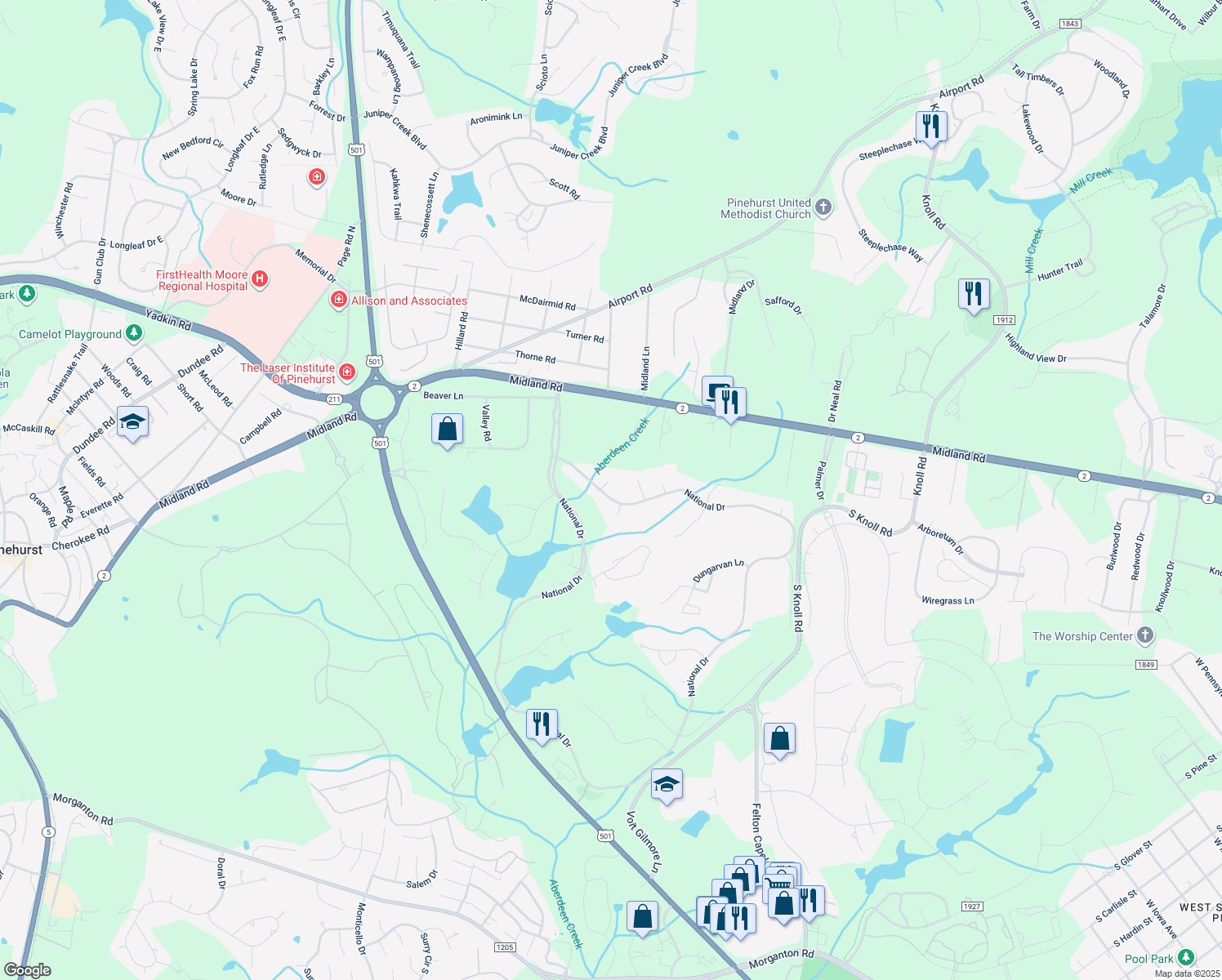 map of restaurants, bars, coffee shops, grocery stores, and more near 238 National Drive in Pinehurst