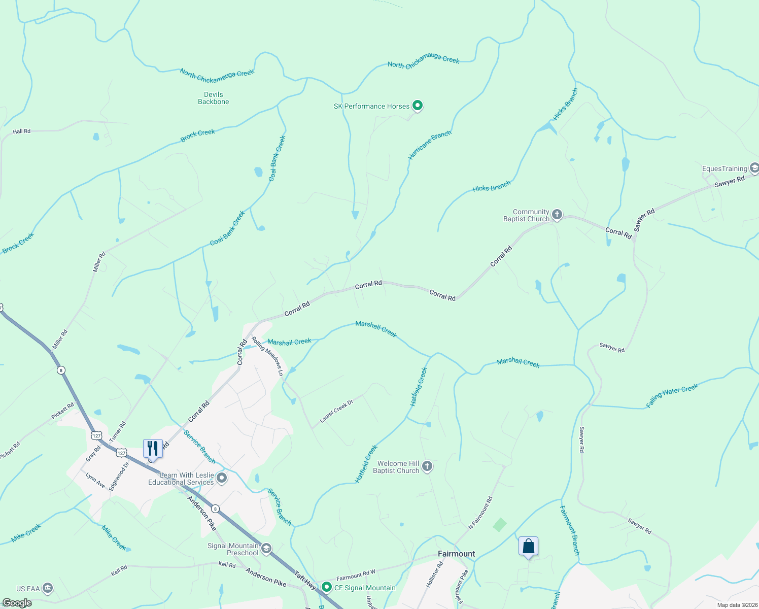 map of restaurants, bars, coffee shops, grocery stores, and more near 2412 Corral Road in Signal Mountain