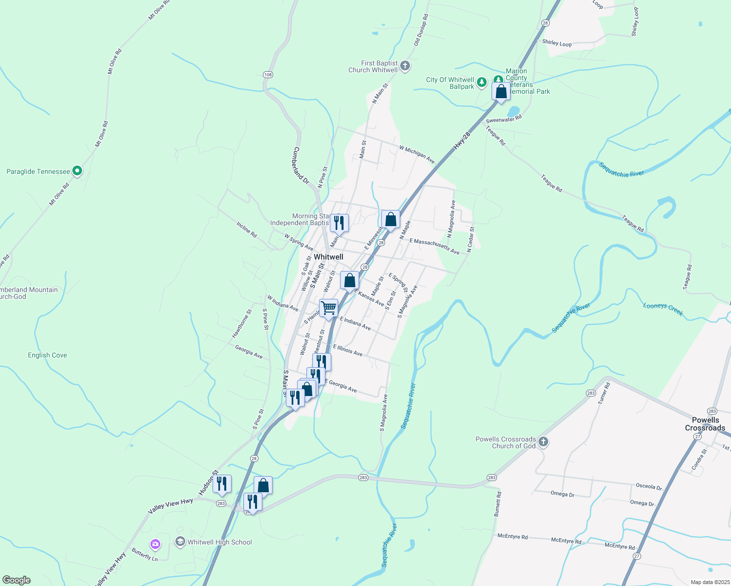 map of restaurants, bars, coffee shops, grocery stores, and more near 400 S Spruce St in Whitwell