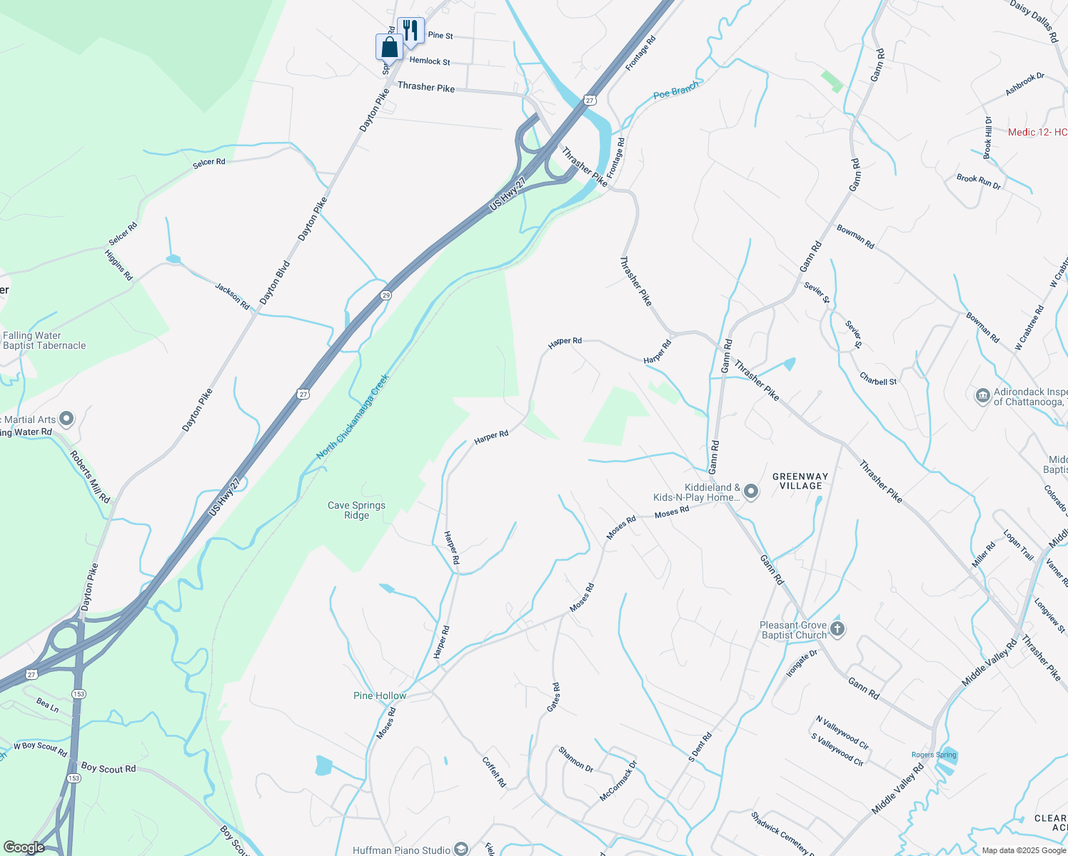 map of restaurants, bars, coffee shops, grocery stores, and more near 7776 Harper Road in Soddy-Daisy