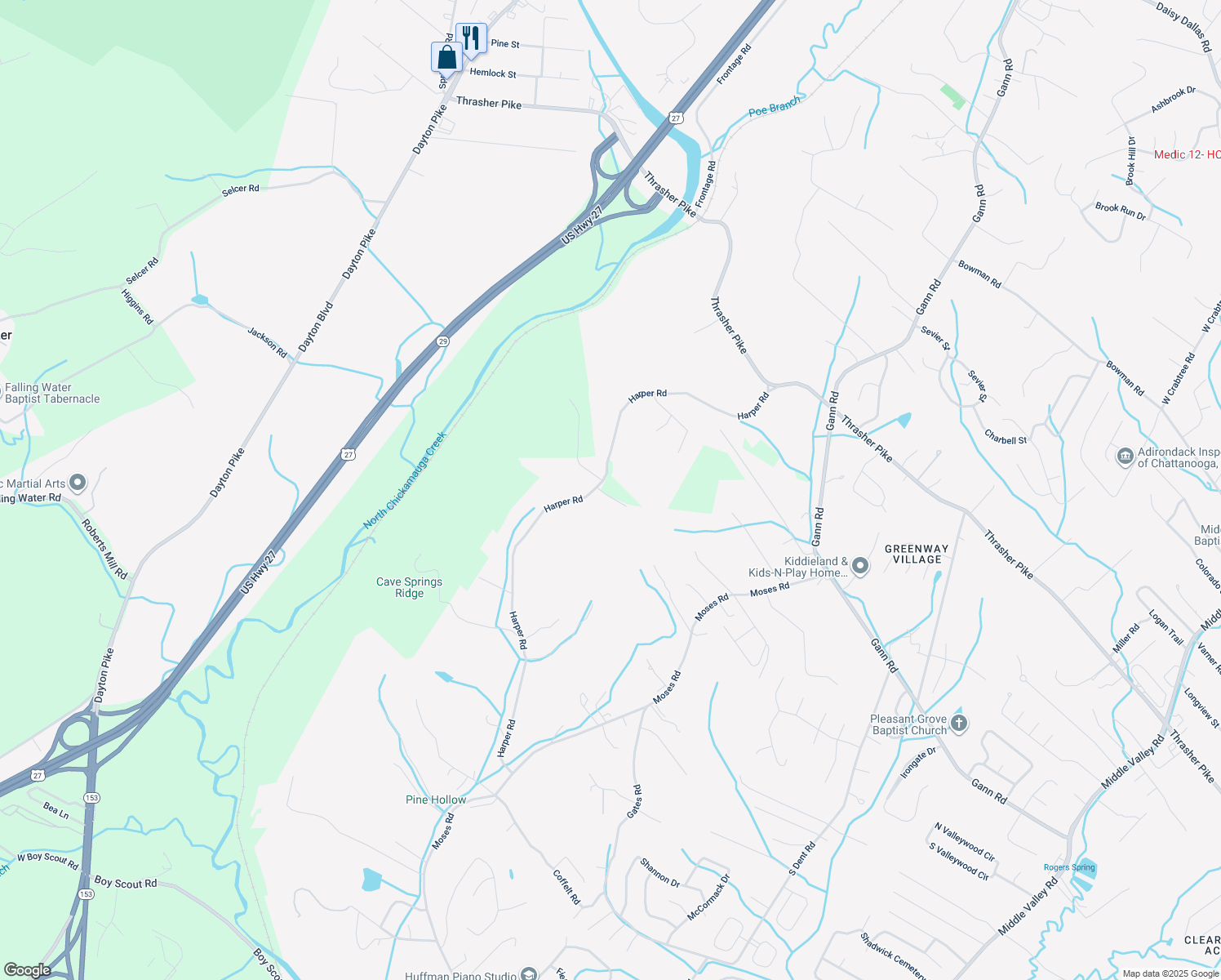 map of restaurants, bars, coffee shops, grocery stores, and more near 7776 Harper Road in Soddy-Daisy