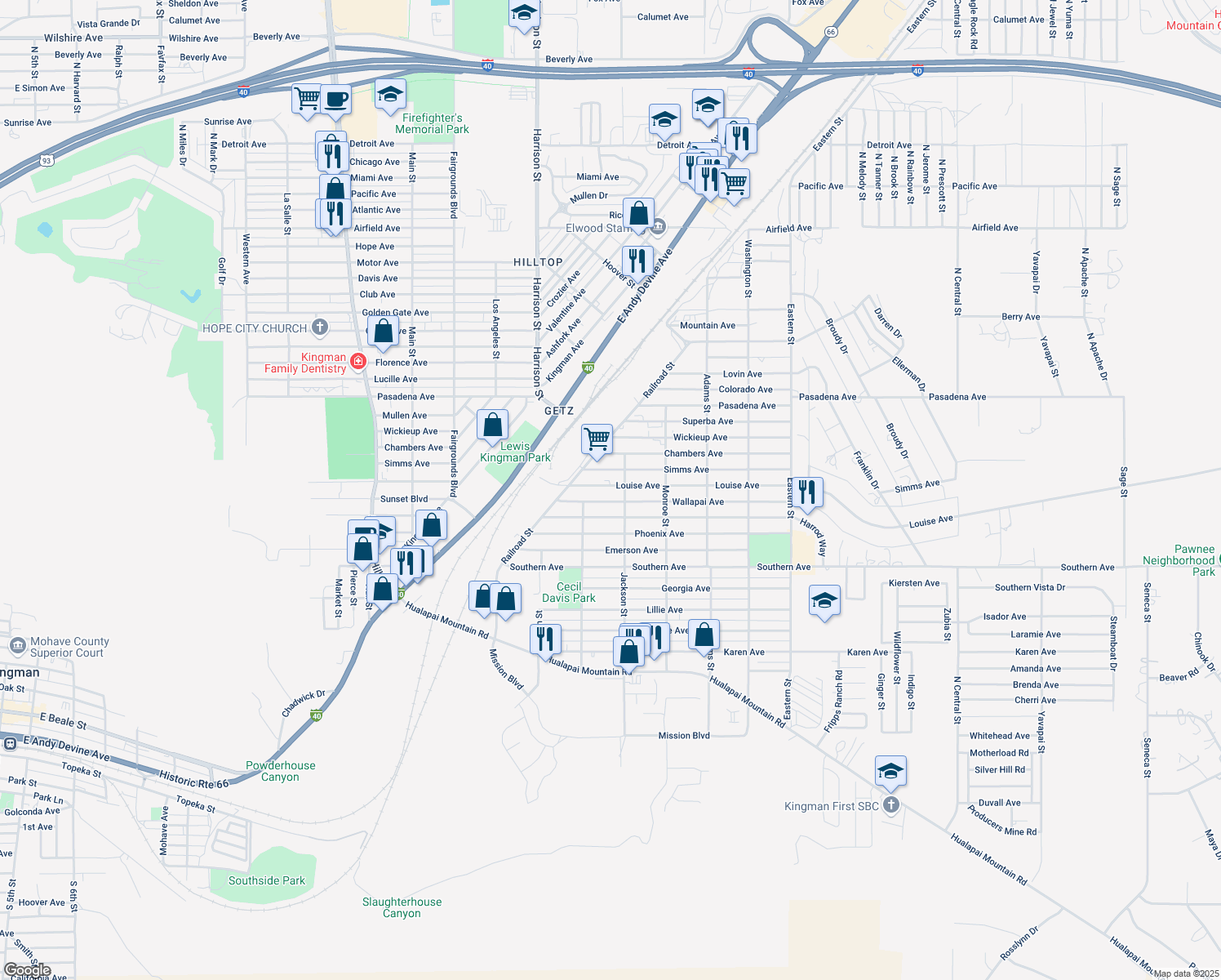 map of restaurants, bars, coffee shops, grocery stores, and more near 2436 Louise Ave in Kingman
