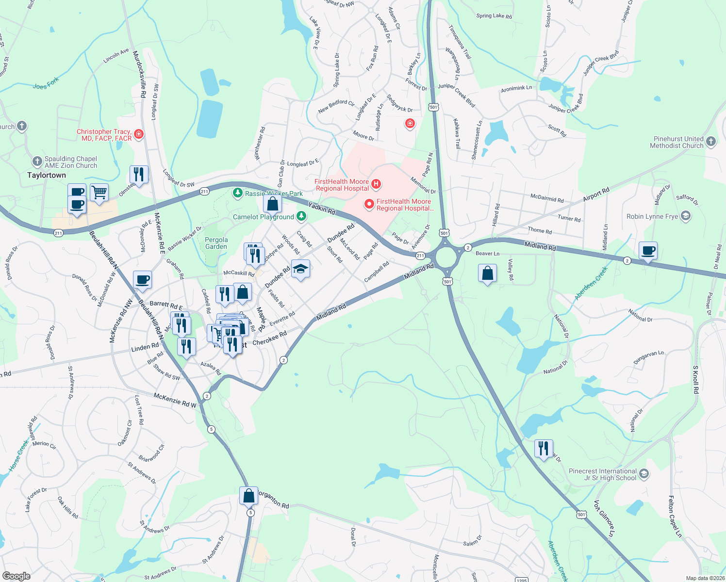 map of restaurants, bars, coffee shops, grocery stores, and more near 195 Midland Road in Pinehurst