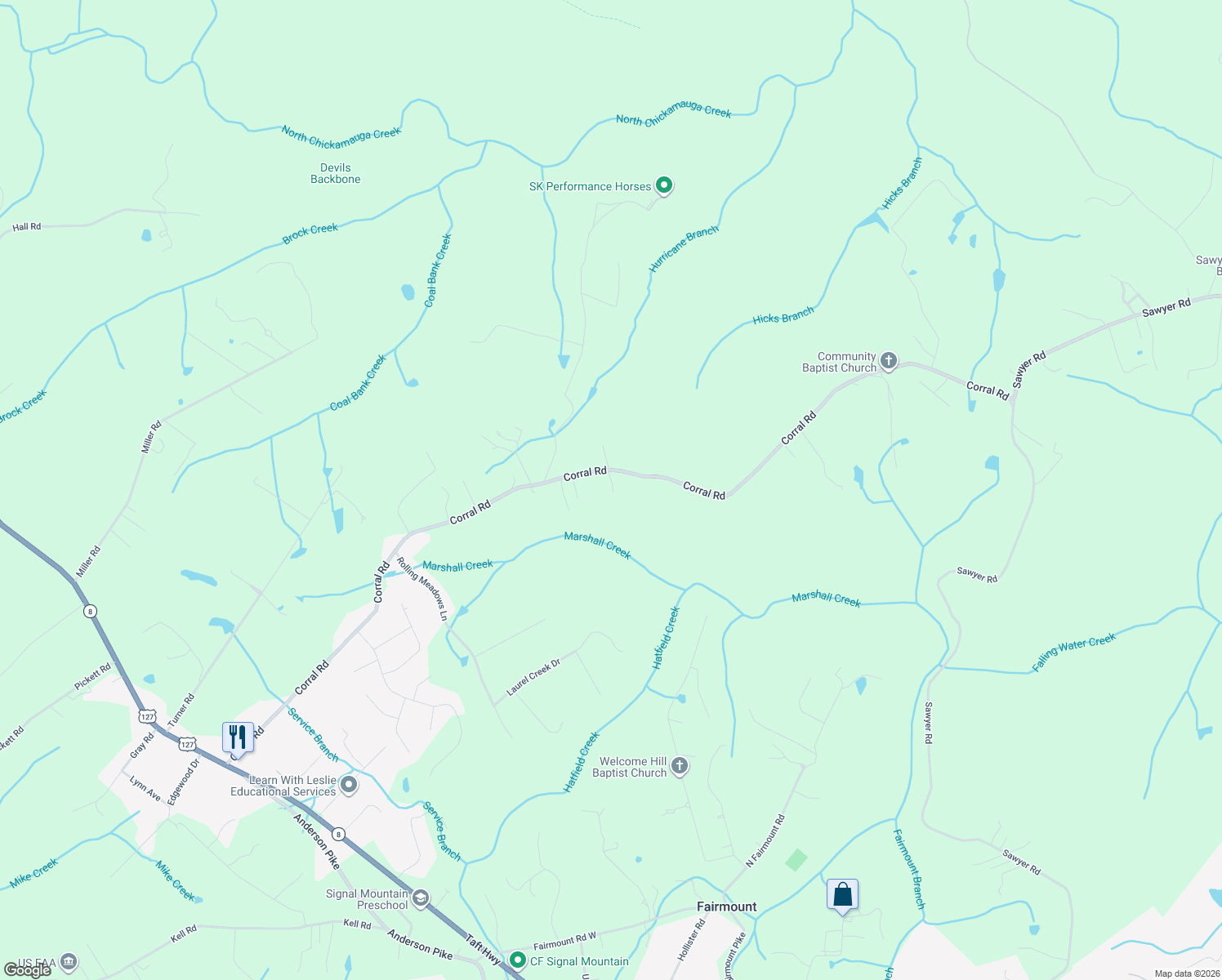 map of restaurants, bars, coffee shops, grocery stores, and more near 2412 Corral Road in Signal Mountain