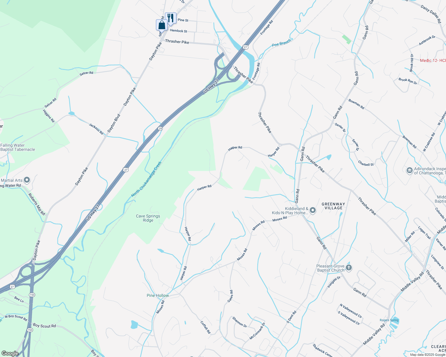 map of restaurants, bars, coffee shops, grocery stores, and more near 7906 Harper Road in Soddy-Daisy