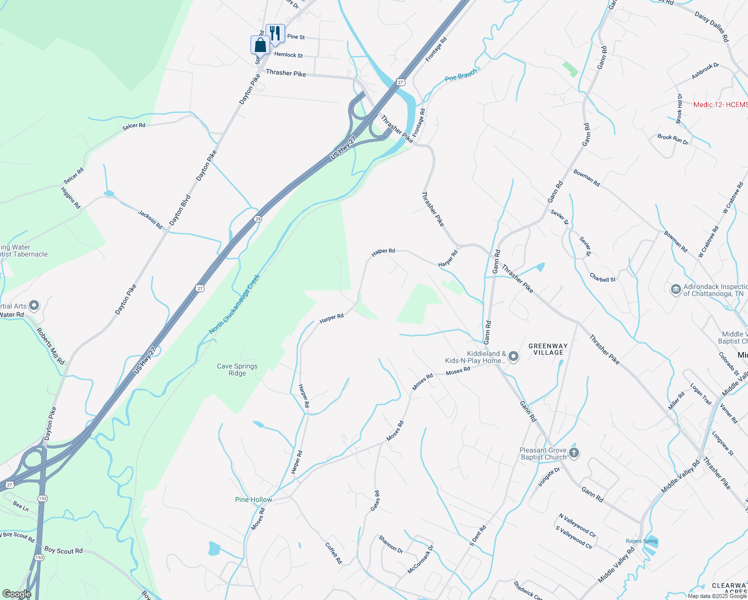 map of restaurants, bars, coffee shops, grocery stores, and more near 7906 Harper Road in Soddy-Daisy