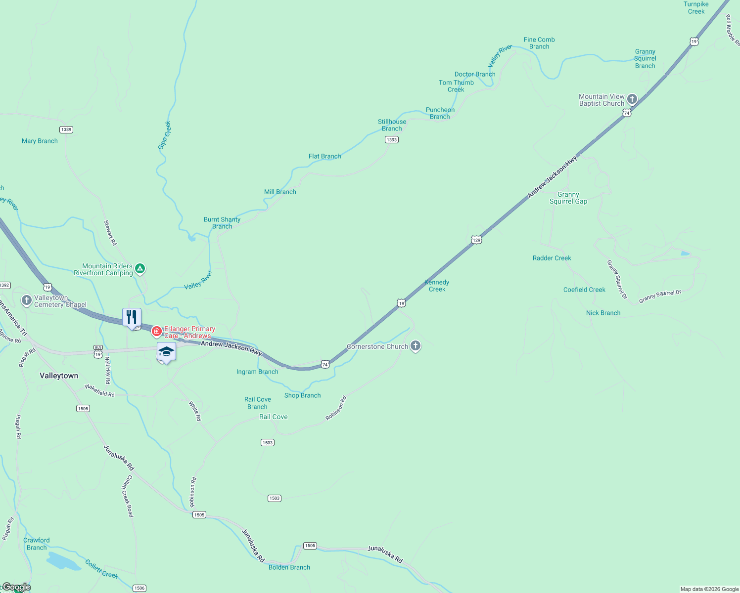 map of restaurants, bars, coffee shops, grocery stores, and more near 250 McLean Road in Andrews