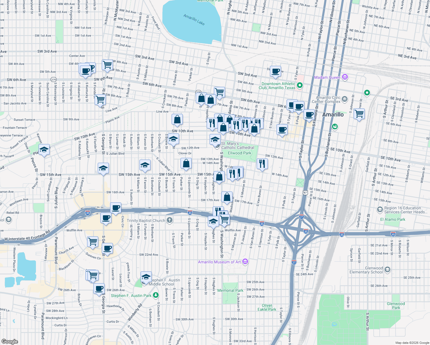 map of restaurants, bars, coffee shops, grocery stores, and more near 1408 South Hughes Street in Amarillo