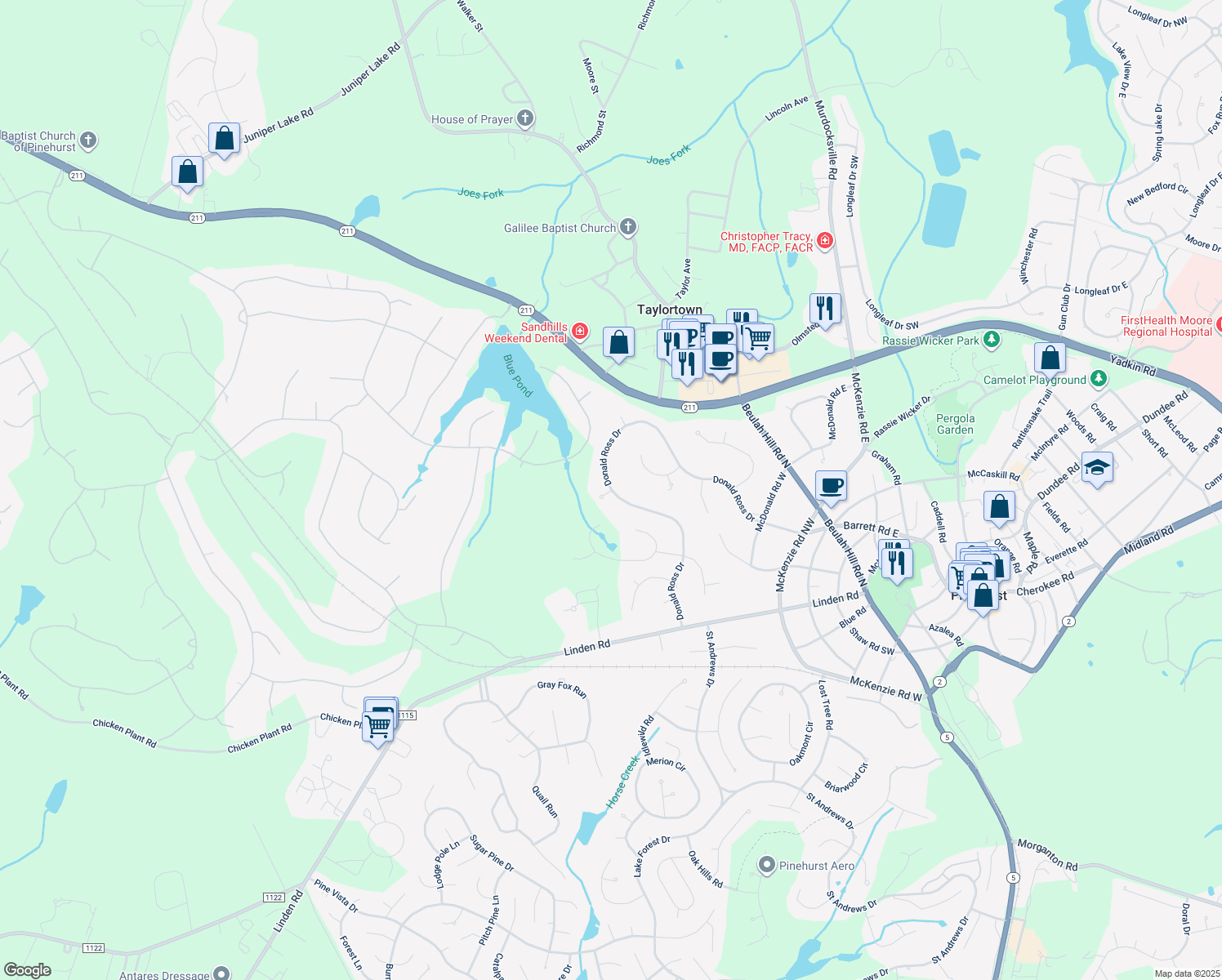 map of restaurants, bars, coffee shops, grocery stores, and more near 3 Ouimet Lane in Pinehurst
