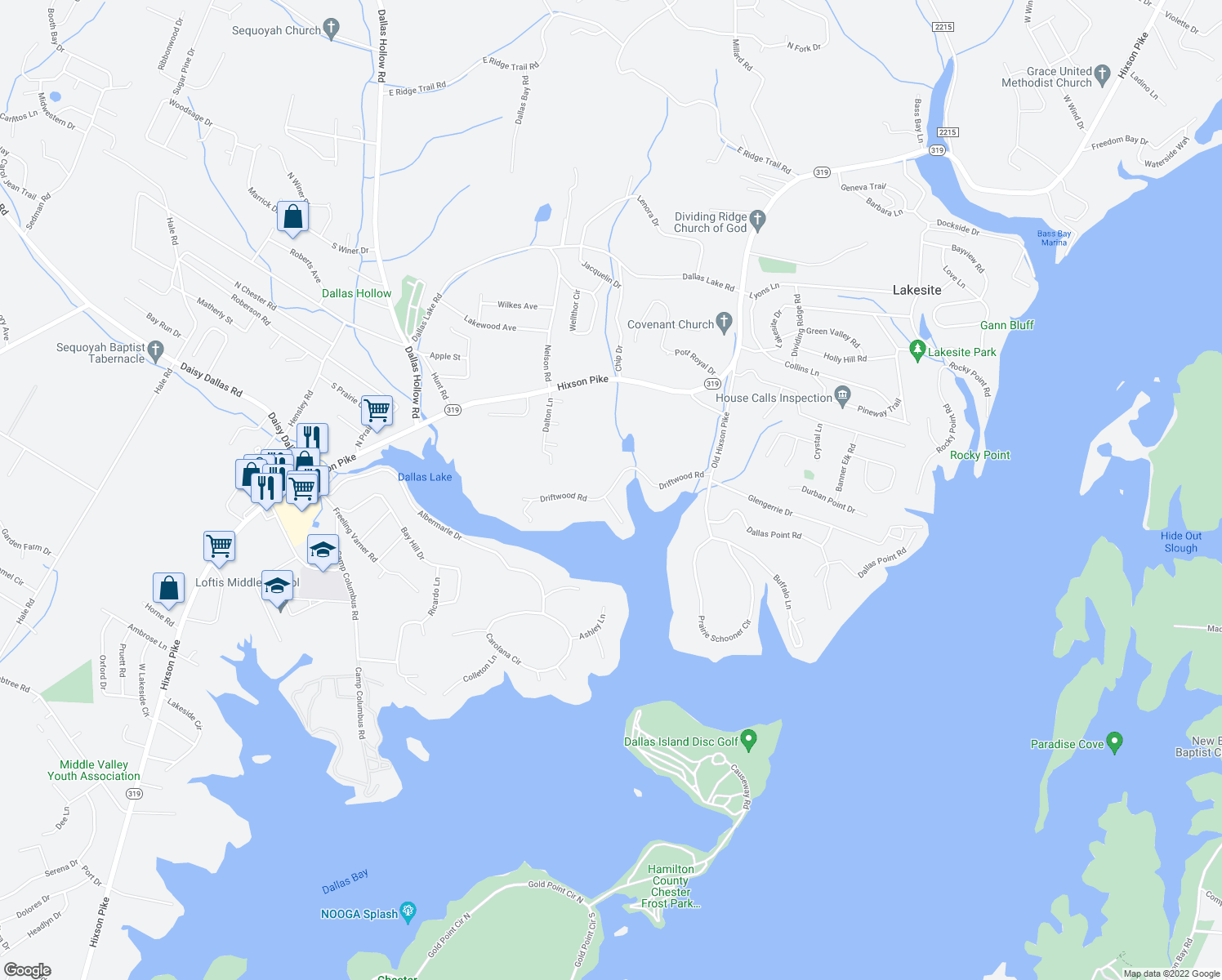 map of restaurants, bars, coffee shops, grocery stores, and more near 2208 Driftwood Road in Soddy-Daisy