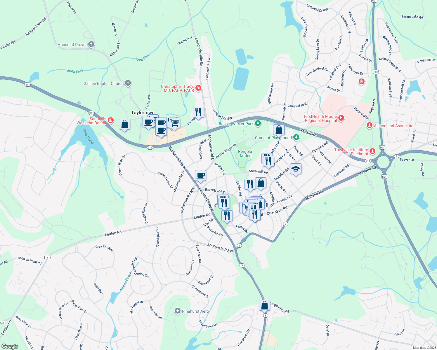 map of restaurants, bars, coffee shops, grocery stores, and more near 85 McCaskill Rd E in Pinehurst