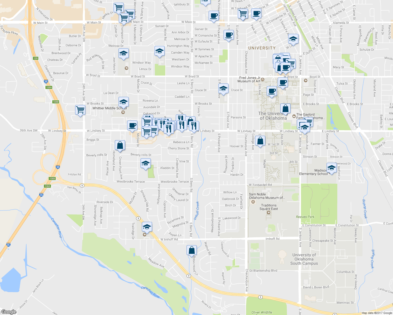 map of restaurants, bars, coffee shops, grocery stores, and more near 1108 Woodrow Court in Norman