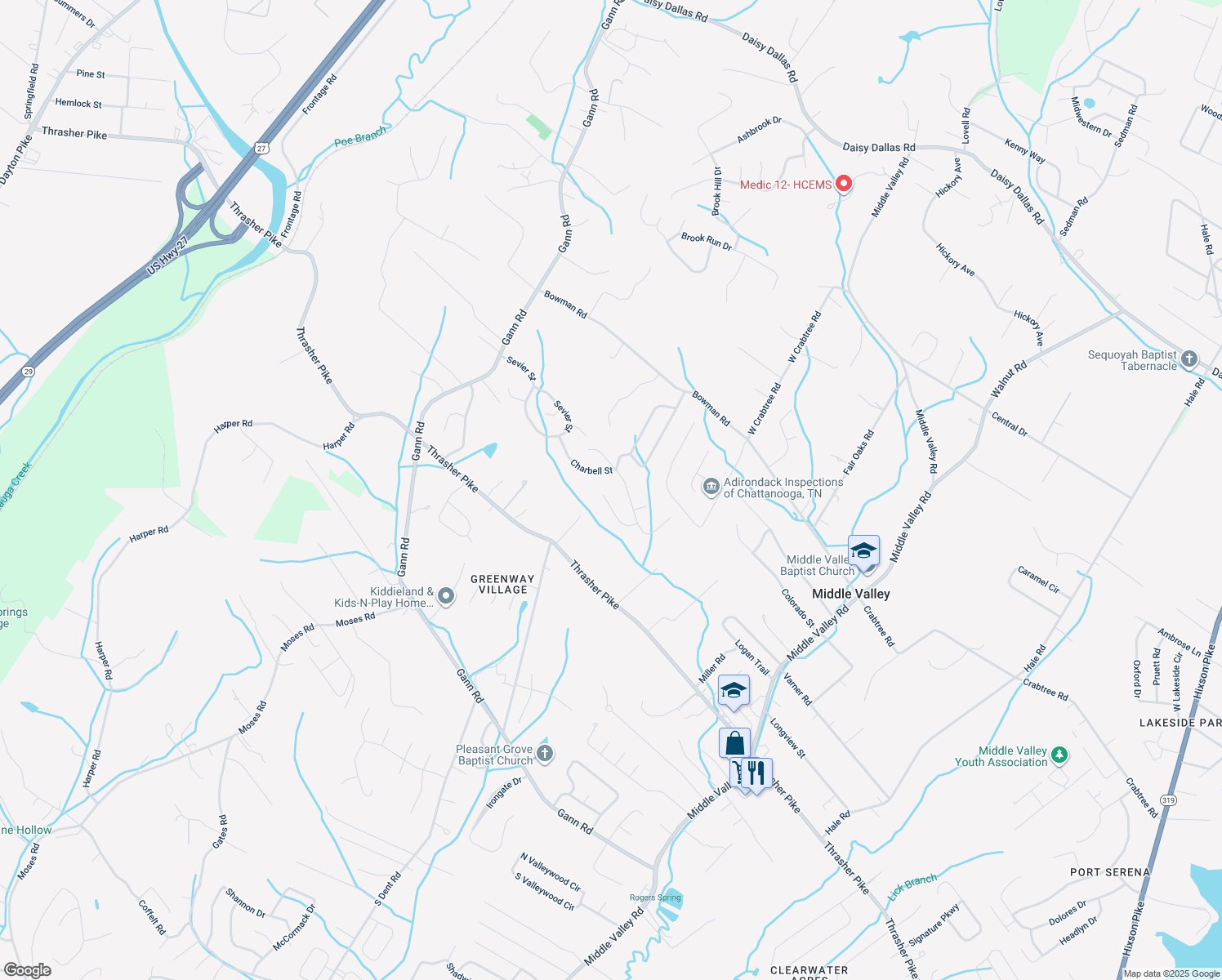 map of restaurants, bars, coffee shops, grocery stores, and more near 675 Logger Lane in Middle Valley