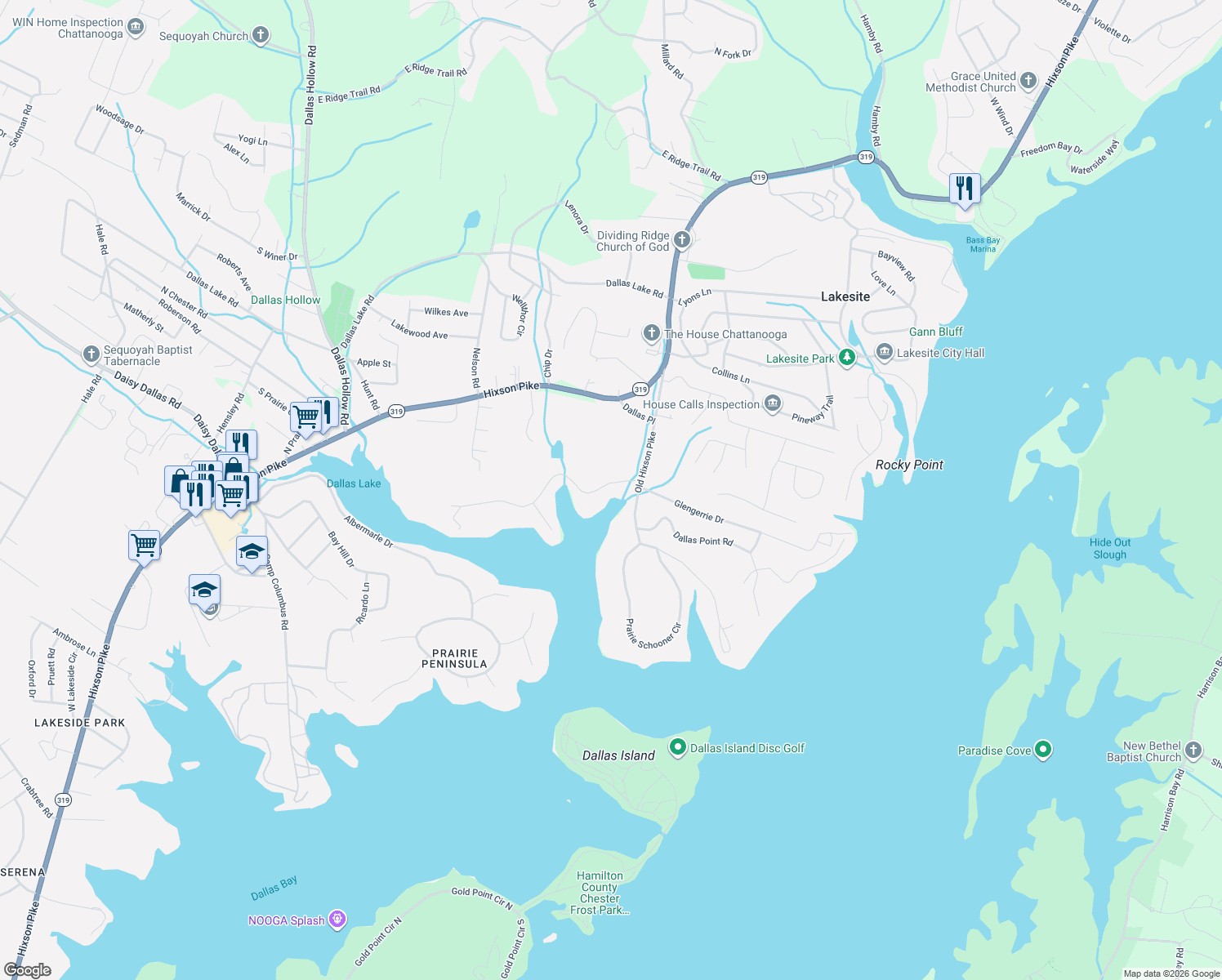 map of restaurants, bars, coffee shops, grocery stores, and more near 2236 Driftwood Road in Soddy-Daisy