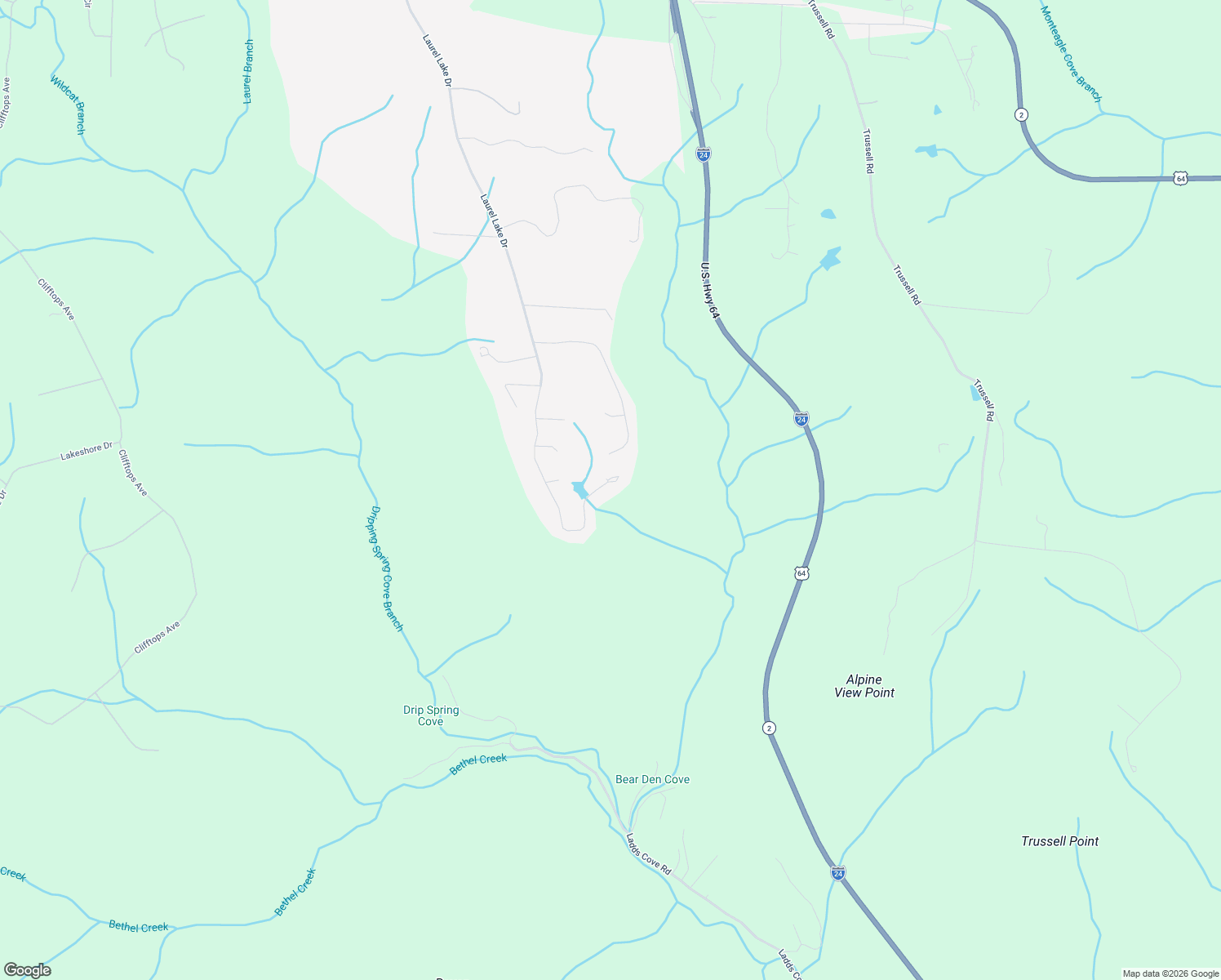 map of restaurants, bars, coffee shops, grocery stores, and more near 2063 Laurel Lake Drive in Monteagle