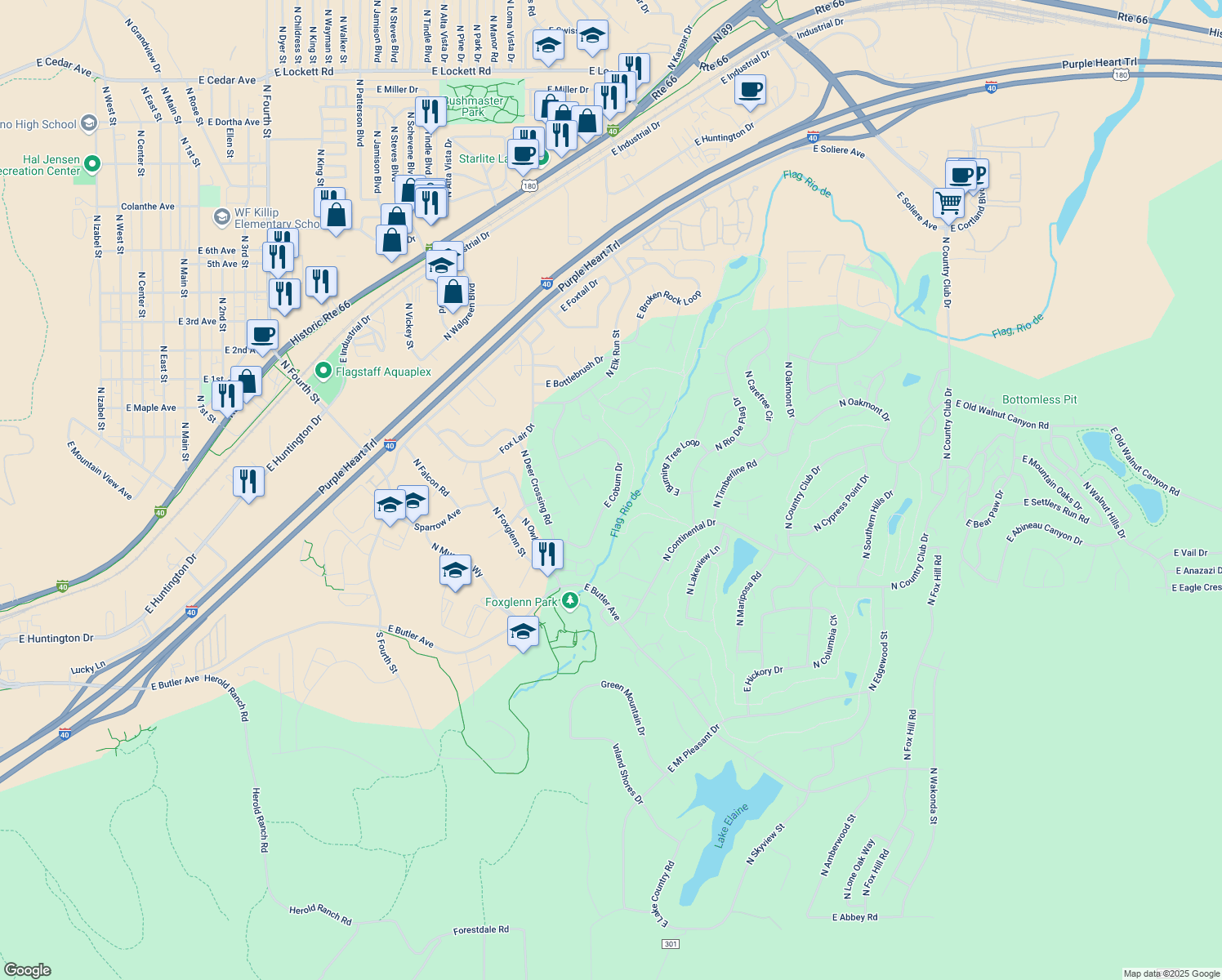 map of restaurants, bars, coffee shops, grocery stores, and more near 4288 E Coburn Dr in Flagstaff