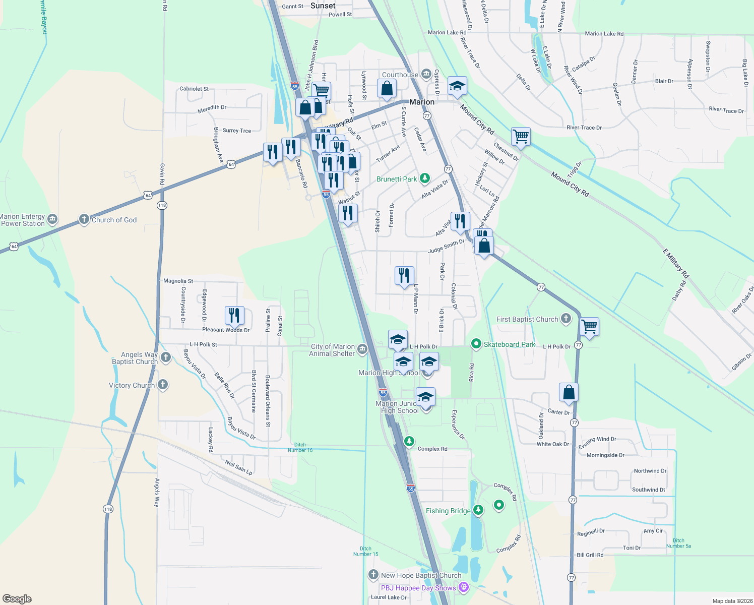 map of restaurants, bars, coffee shops, grocery stores, and more near 435 Shiloh Drive in Marion