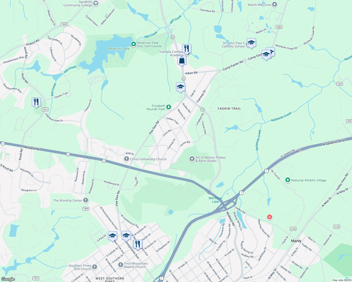 map of restaurants, bars, coffee shops, grocery stores, and more near 395 Fairway Dr in Southern Pines