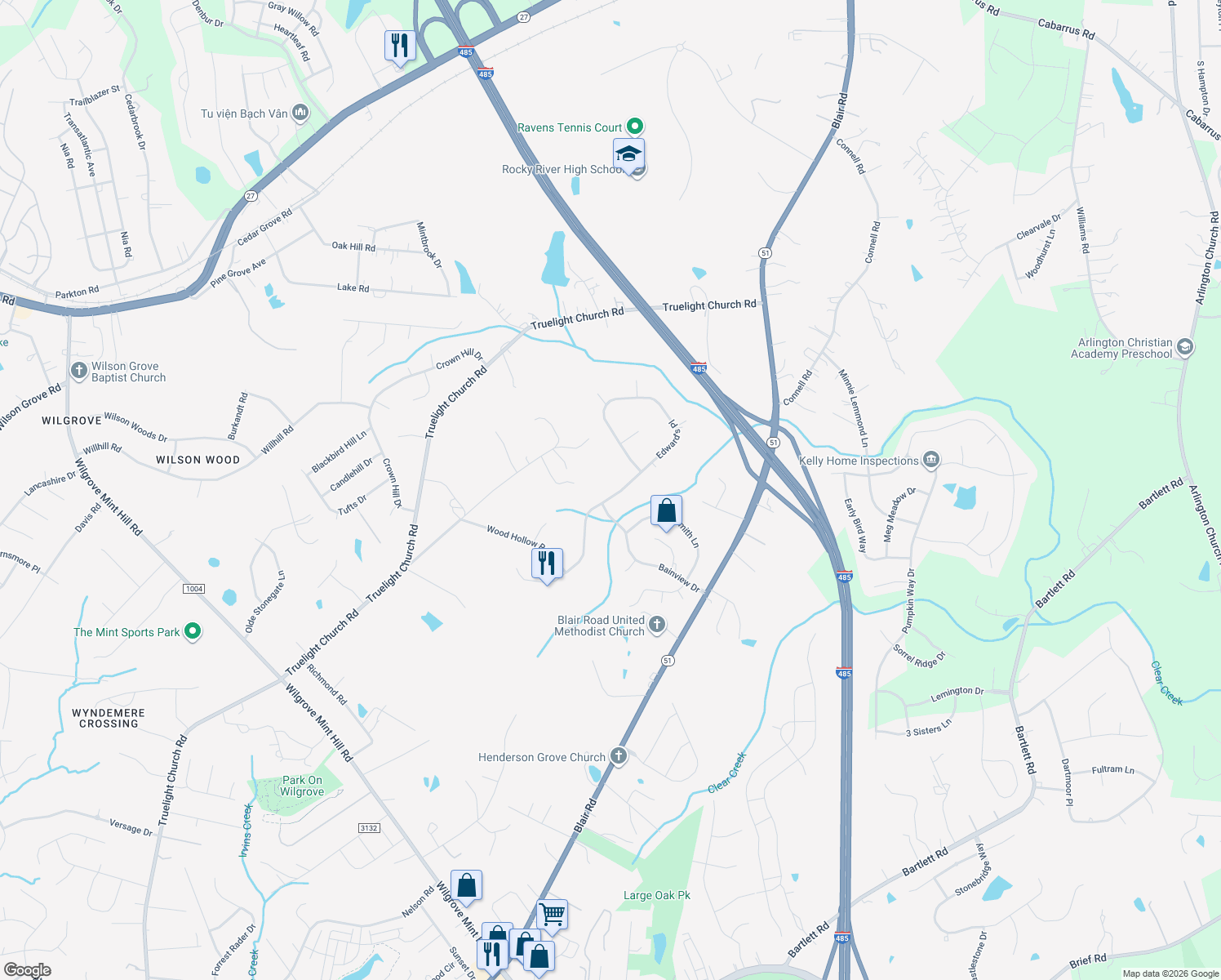map of restaurants, bars, coffee shops, grocery stores, and more near 9611 Edward's Place in Mint Hill