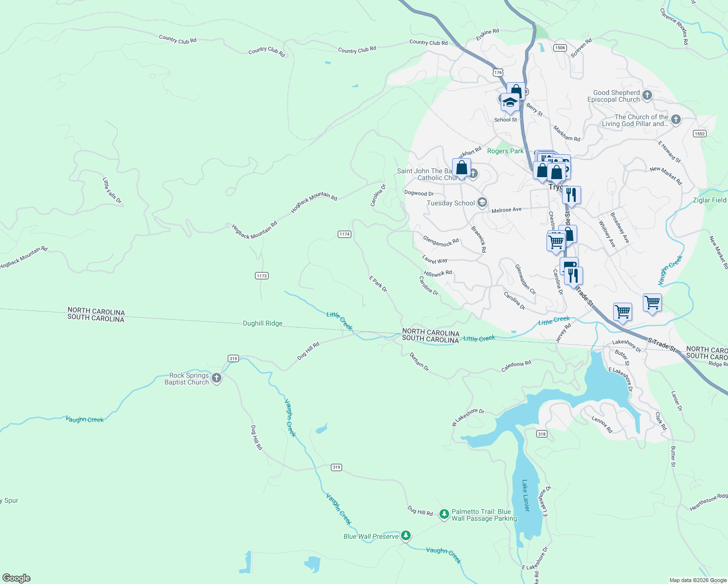 map of restaurants, bars, coffee shops, grocery stores, and more near 41 Greenleaf Lane in Tryon