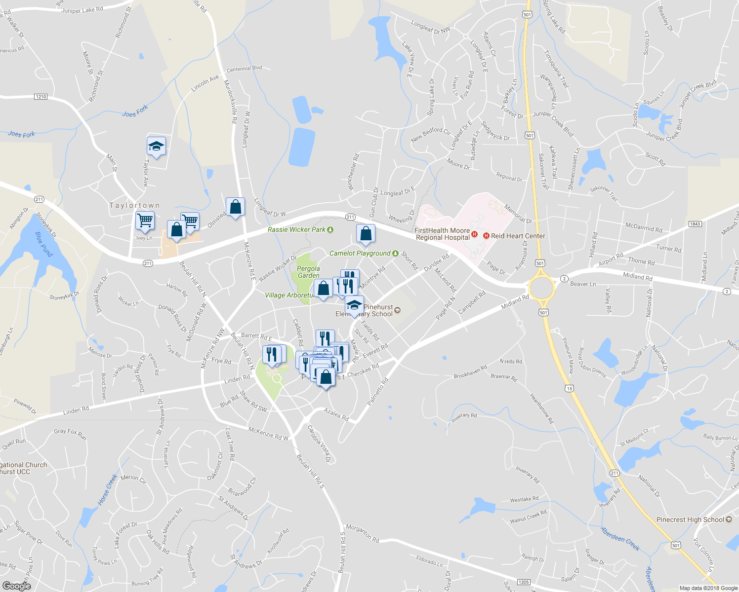 map of restaurants, bars, coffee shops, grocery stores, and more near 100 Kelly Road in Pinehurst