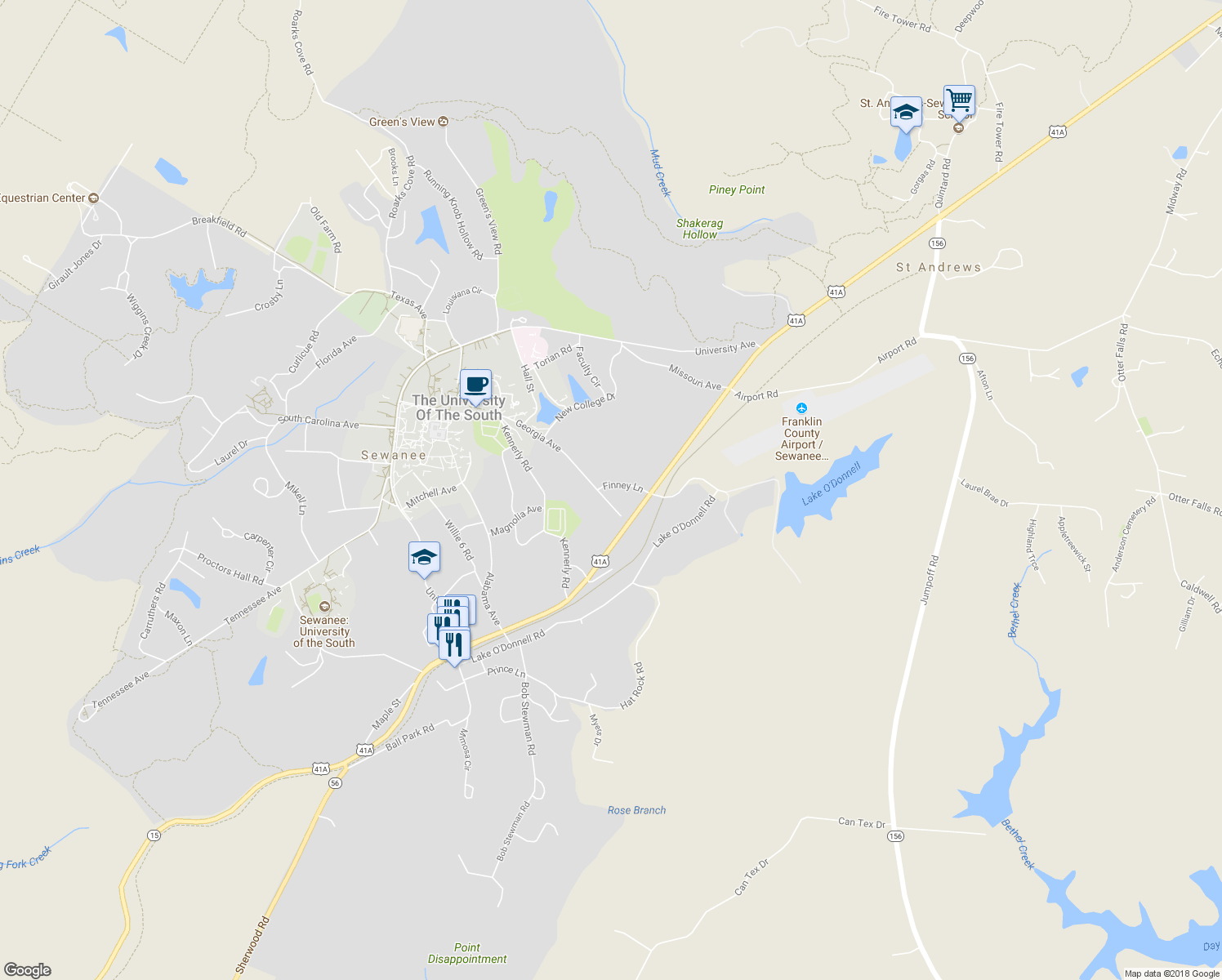 map of restaurants, bars, coffee shops, grocery stores, and more near 52 Finney Lane in Sewanee
