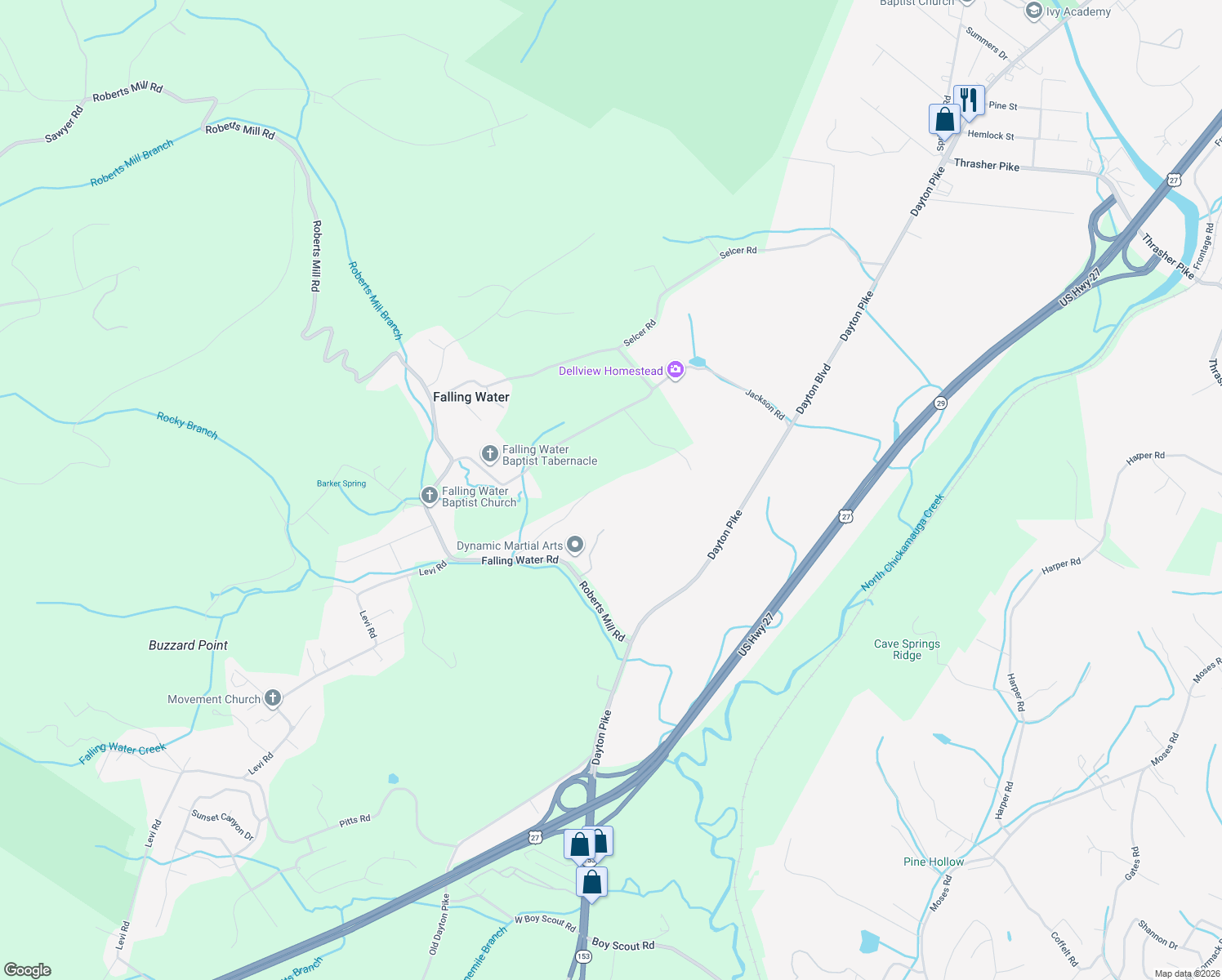 map of restaurants, bars, coffee shops, grocery stores, and more near 315 Roberts Mill Road in Soddy-Daisy