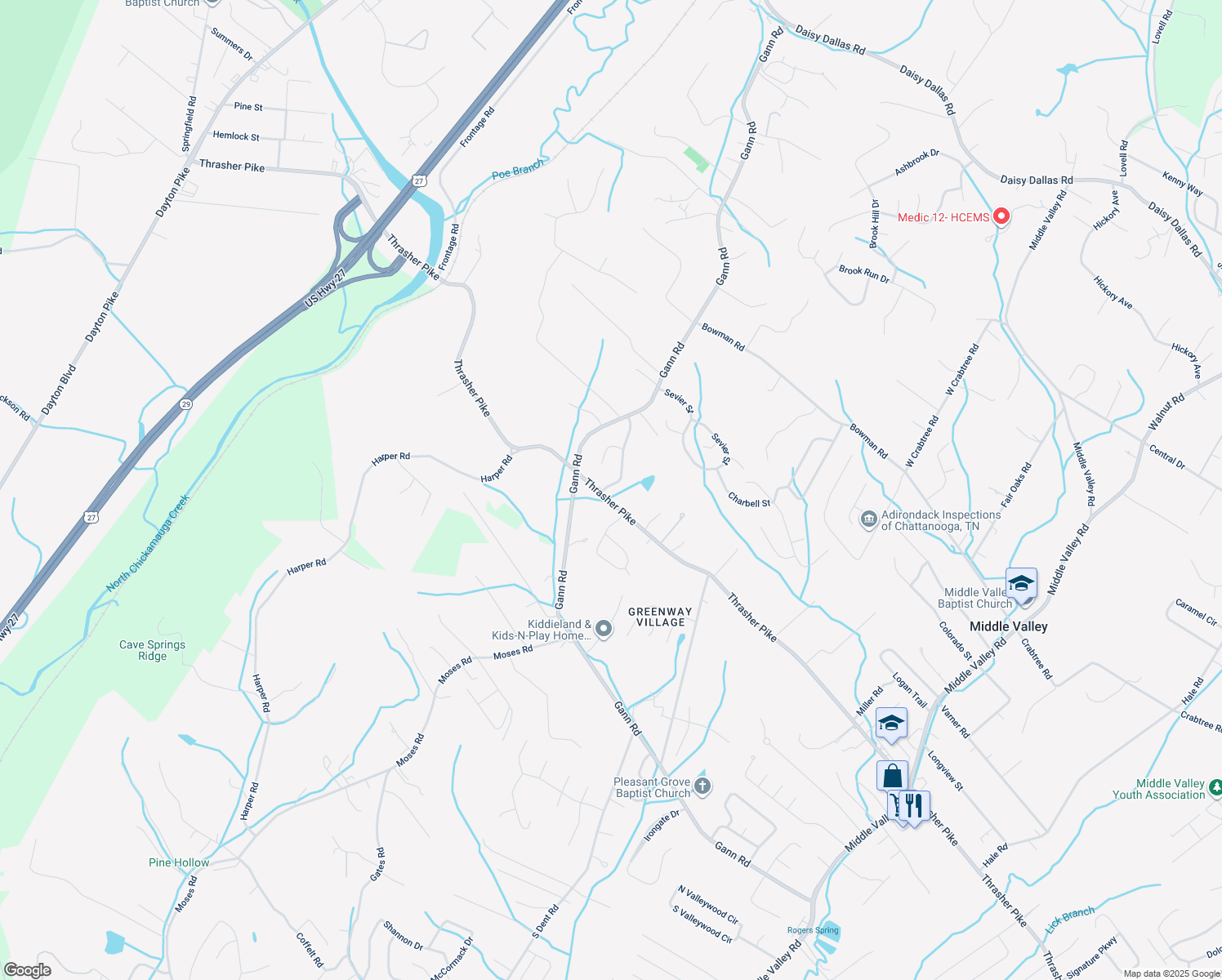 map of restaurants, bars, coffee shops, grocery stores, and more near 8111 Thornewood Drive in Middle Valley