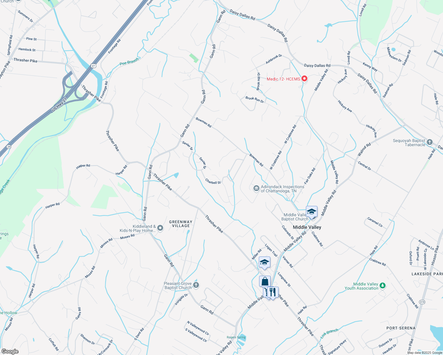 map of restaurants, bars, coffee shops, grocery stores, and more near 701 Charbell Street in Middle Valley
