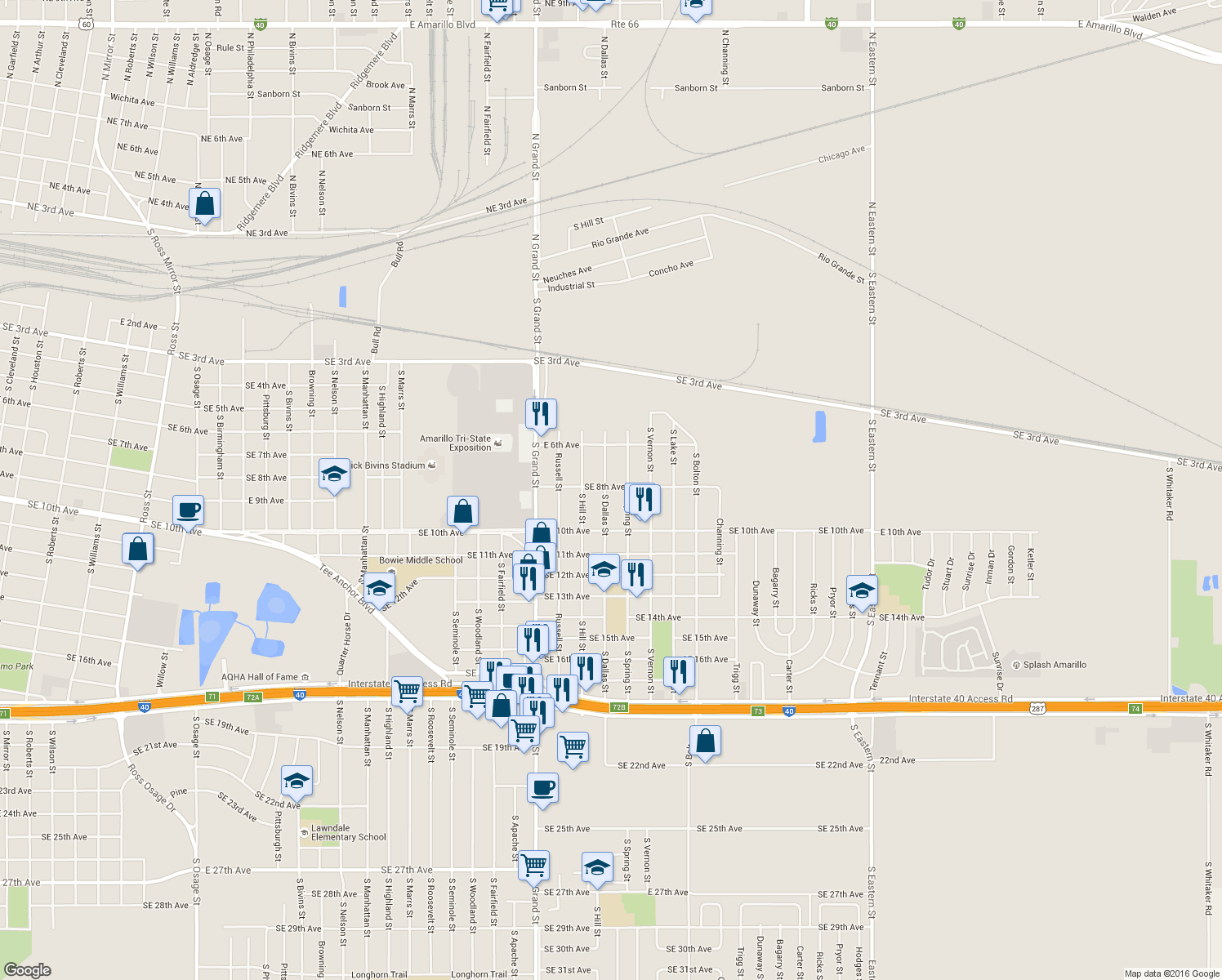 map of restaurants, bars, coffee shops, grocery stores, and more near 801 South Dallas Street in Amarillo