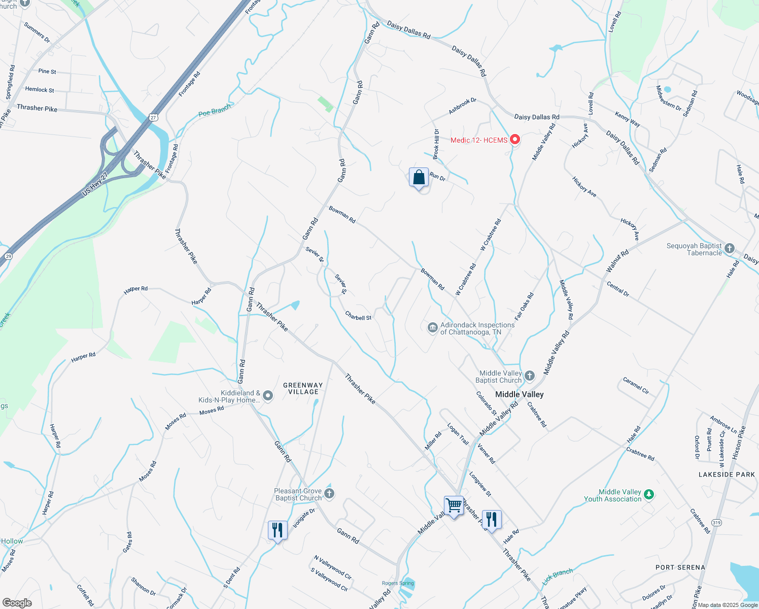 map of restaurants, bars, coffee shops, grocery stores, and more near 701 Charbell Street in Middle Valley