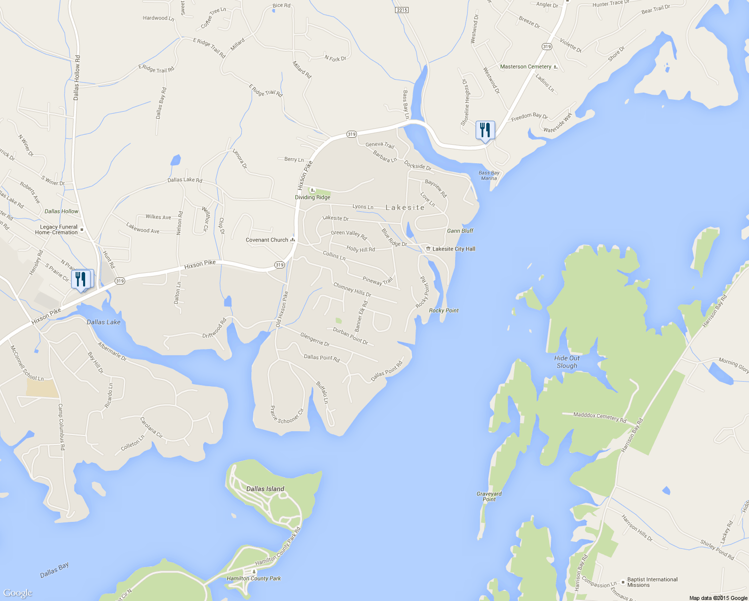 map of restaurants, bars, coffee shops, grocery stores, and more near 2318 Chimney Hills Drive in Soddy-Daisy