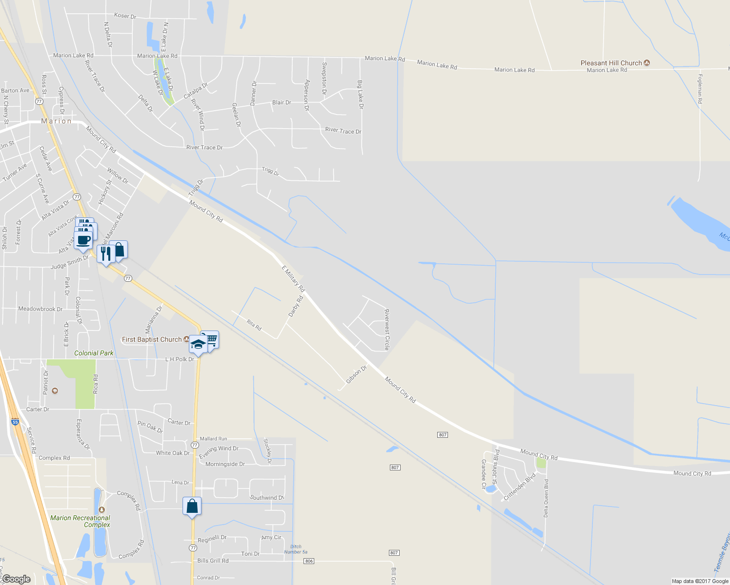 map of restaurants, bars, coffee shops, grocery stores, and more near 694 Riverwest Circle in Marion