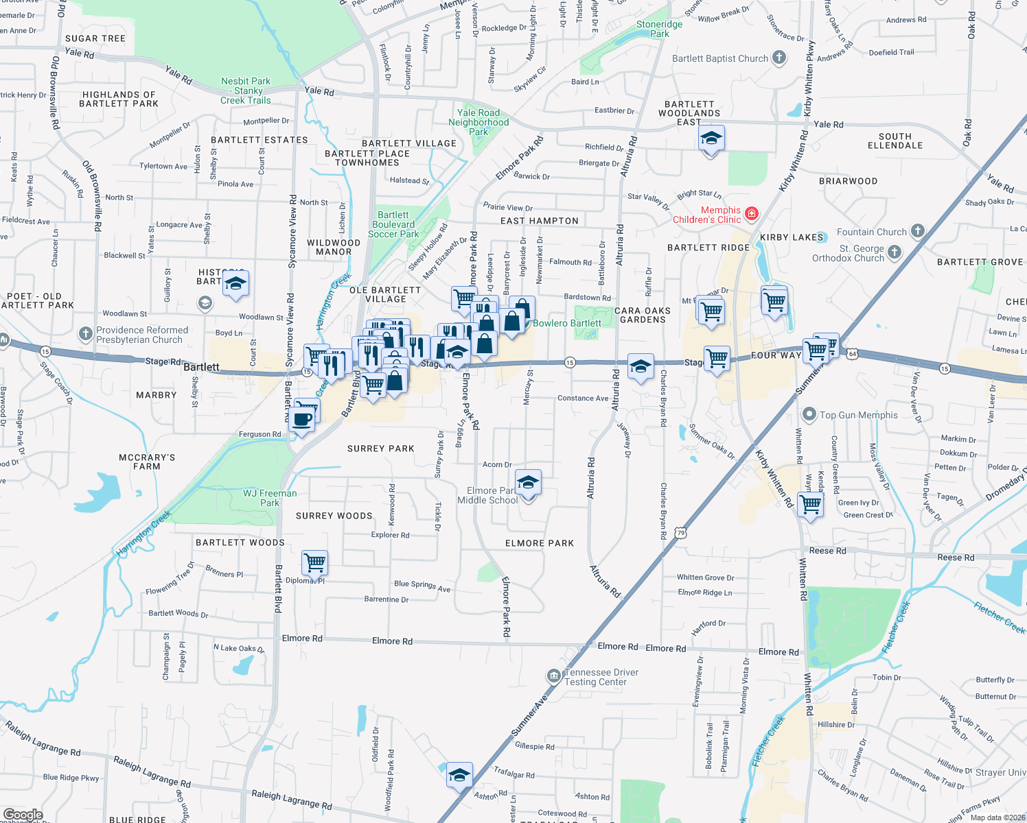 map of restaurants, bars, coffee shops, grocery stores, and more near 2812 Galaxie Street in Memphis