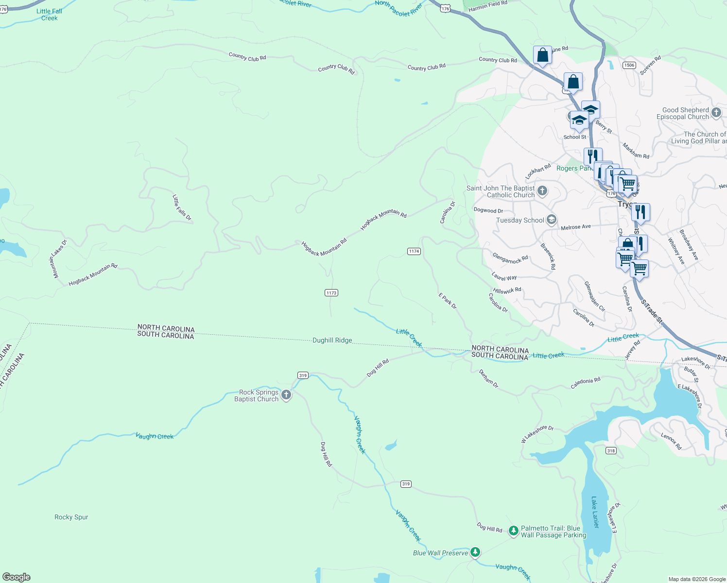 map of restaurants, bars, coffee shops, grocery stores, and more near 94 Cardinal Circle in Tryon