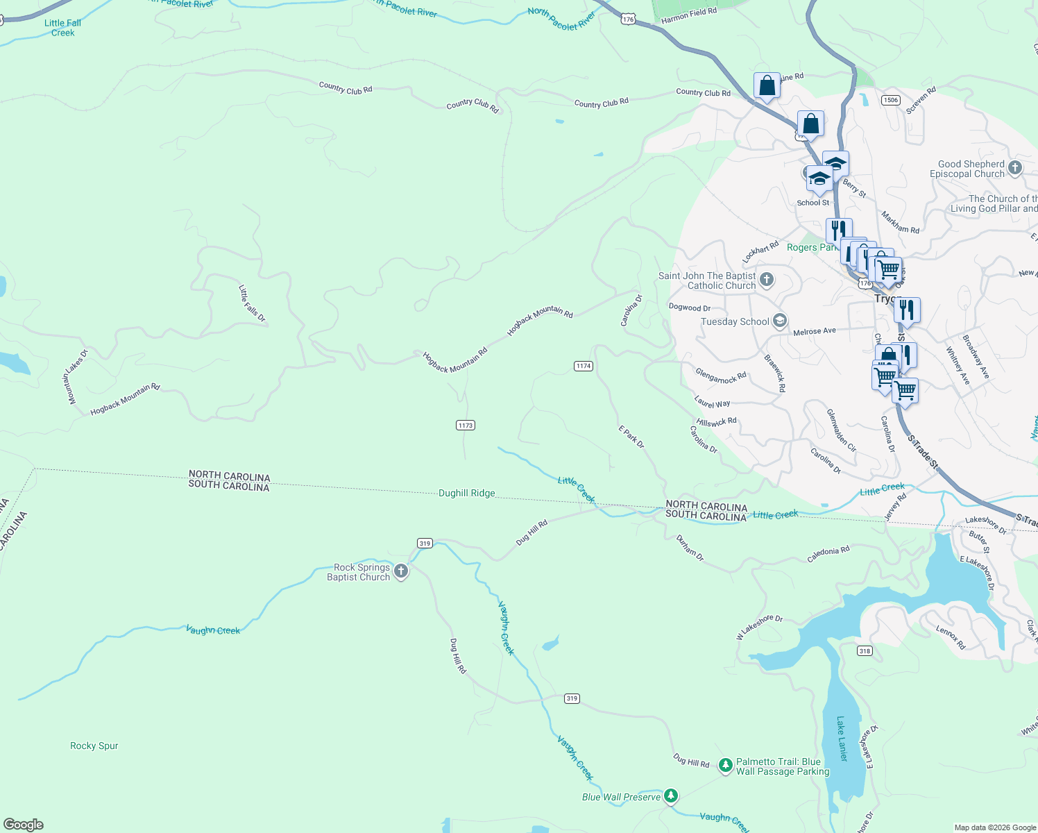 map of restaurants, bars, coffee shops, grocery stores, and more near 94 Cardinal Circle in Tryon